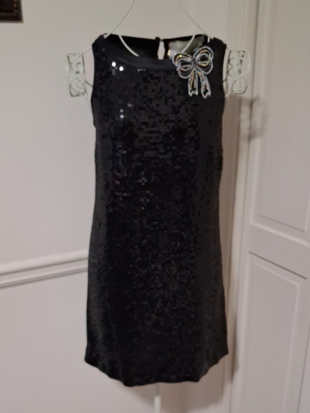 Black Sequin Shift Dress with Decorative Bow - Women